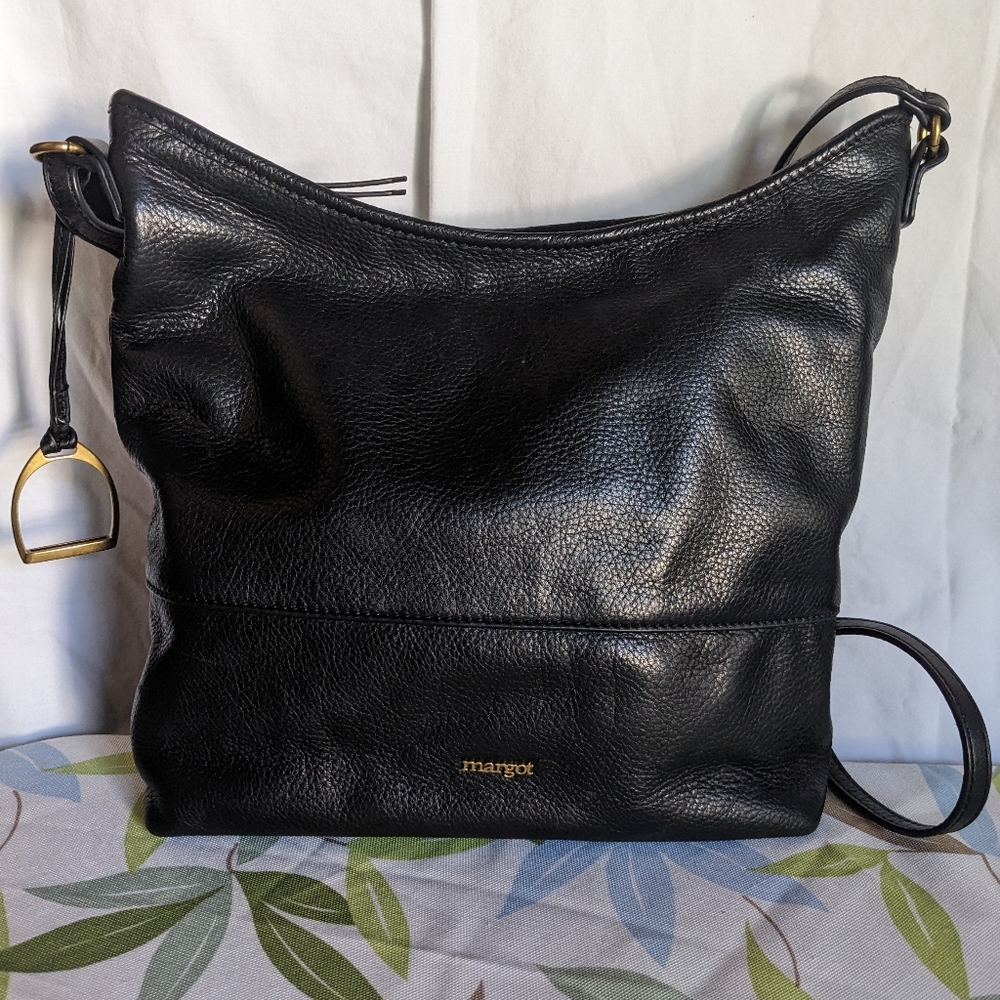Margot Black Pebbled Leather Crossbody With Brass Hardware, Excellent Condition
